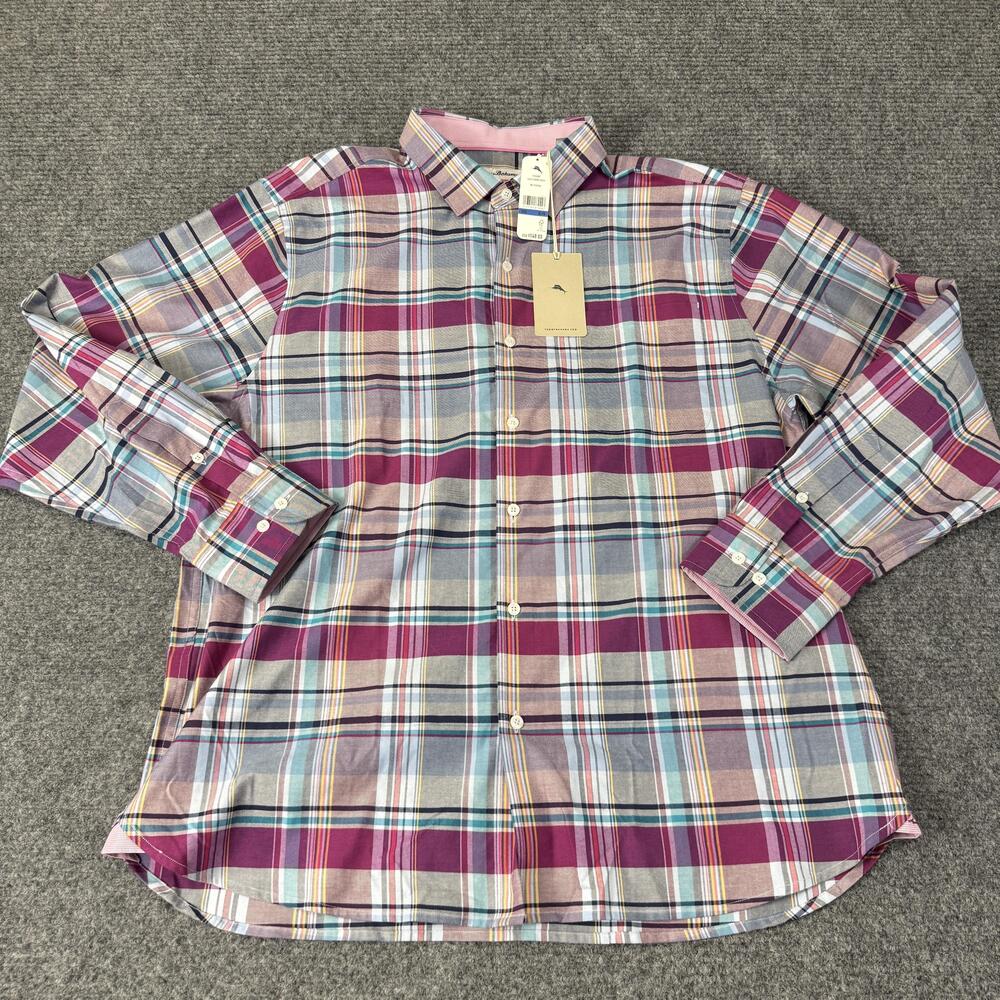 Tommy Bahama Shirt Mens XL Multicolor Plaid Silk Blend Long Sleeve Button Front